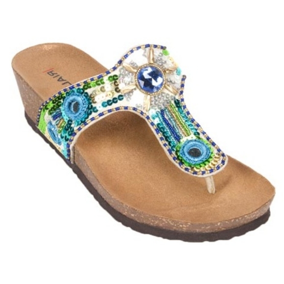 Rialto Shoes - Boho Sandals Jeweled Beaded Thong Wedge Cork